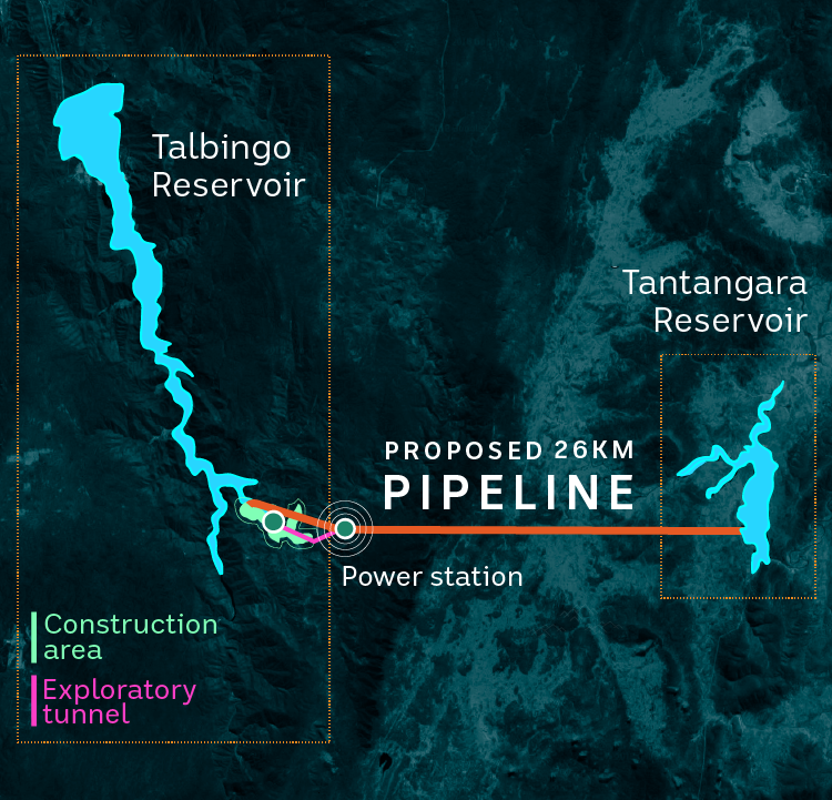 Map showing proposed link between two reservoirs in the Snowy Hydro scheme