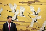 Chinese President Xi Jinping stands in front of a painting of cranes taking flight.