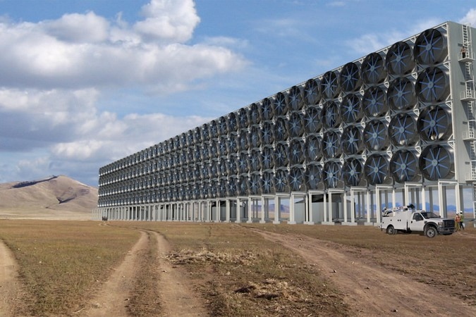 A computer rendering of a facility with many large fans stacked on top of each other