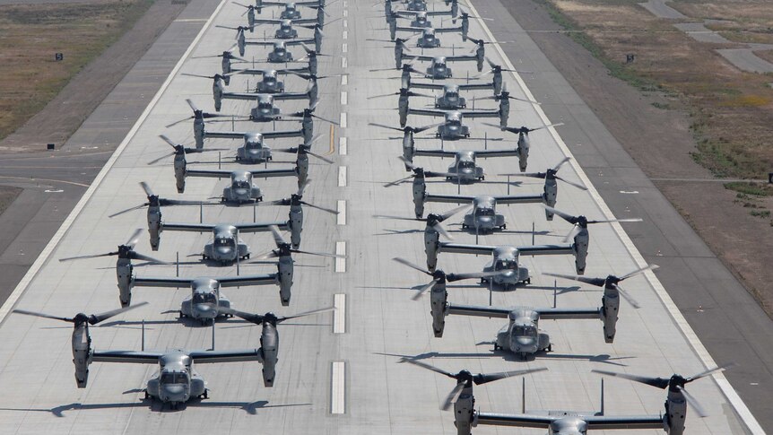 Dozens of drone-like planes line up in two rows on the tarmac.