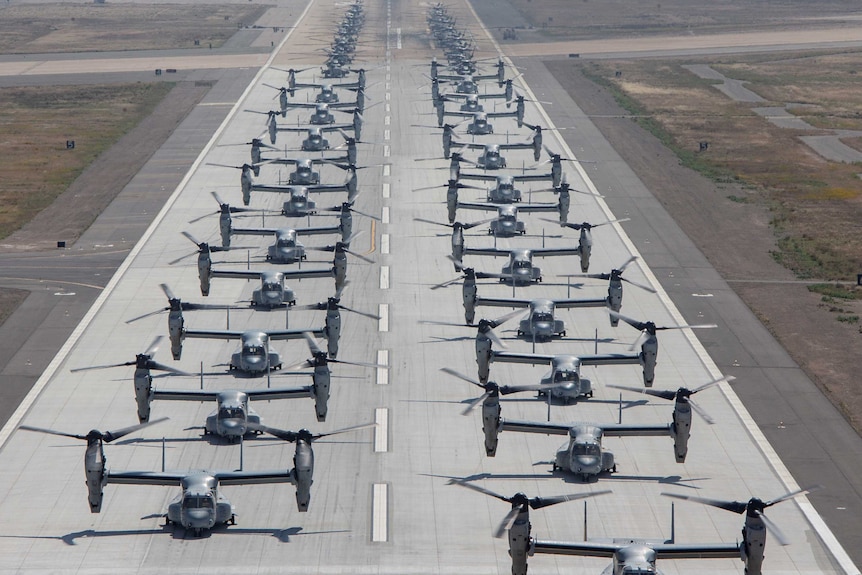 Dozens of drone-like planes line up in two rows on the tarmac.