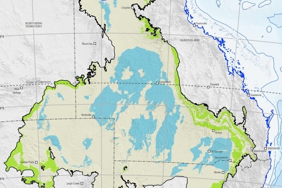 A map of the Great Artesian Basin with green and blue markers showing where water infiltrates into the basin.