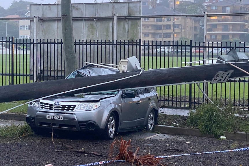 a car crushed by a power pole in a parking lot