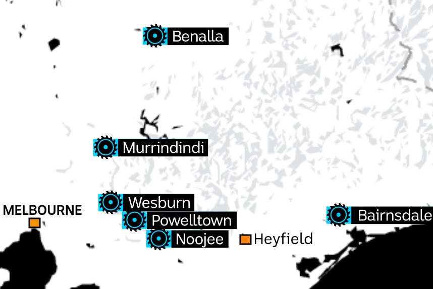 A map showing the locations of Melbourne, Noojee, Powelltown, Wesburn, Murrindindi, Benalla, Heyfield and Bairnsdale.