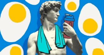 Statue of David with protein shake and surrounded by eggs for a story about getting enough protein