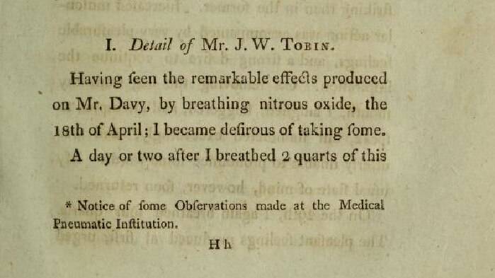 Small paragraph from Davy's 1800 book, entitled Detail of Mr JW Tobin, describing 'remarkable effects' of nitrous oxide.