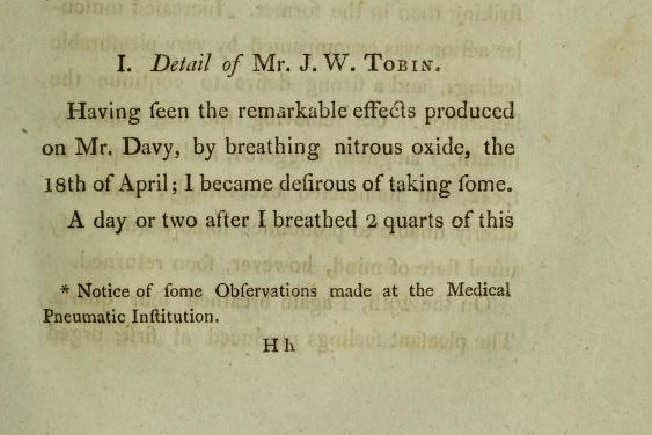 Small paragraph from Davy's 1800 book, entitled Detail of Mr JW Tobin, describing 'remarkable effects' of nitrous oxide.