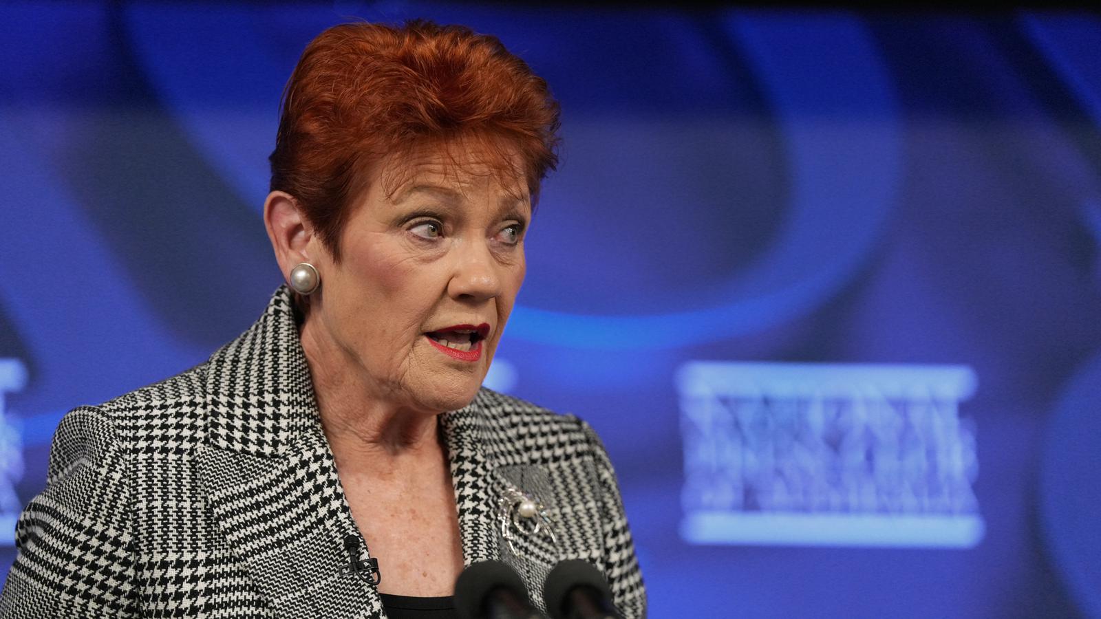 Pauline Hanson speaks into microphones.