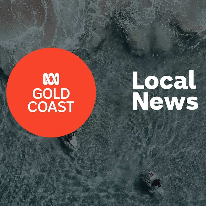 Surfers in the ocean, viewed from above; ABC Gold Coast logo and Local News superimposed over the top.