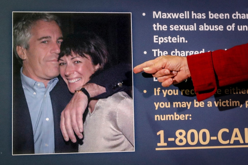 A hand points to a photo of Jeffrey Epstein and Ghislaine Maxwell