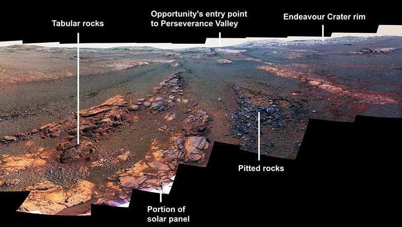 The 360-degree panorama shows what would become Opportunity's final resting spot in Perseverance Valley.