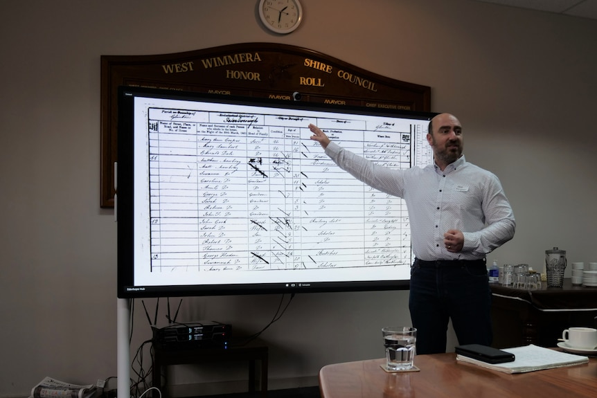 man wearing a white shirt points to a photo of an old ledger on a slide in a board room.