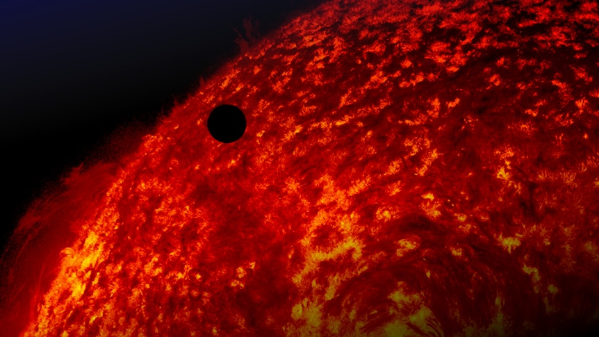 Venus is seen passing in front of the sun in this graphic, based an image from the NASA Goddard Space Flight Centre.