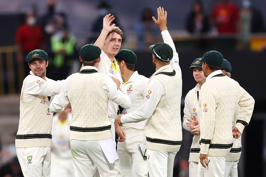 Cameron is high-fived and congratulated by his Australian Test cricket teammates after an Ashes wicket.