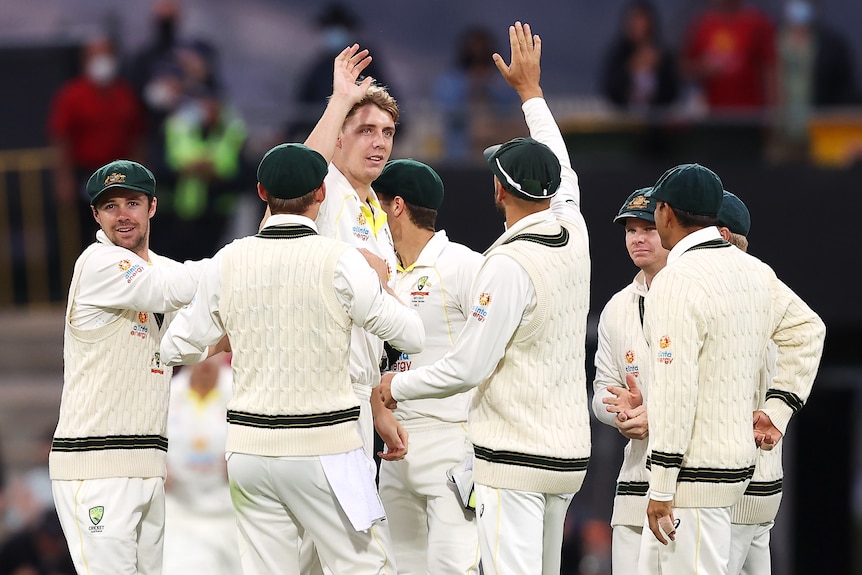 Cameron is high-fived and congratulated by his Australian Test cricket teammates after an Ashes wicket.