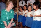 Margaret Thatcher at a refugee camp near the Thai-Cambodian border.