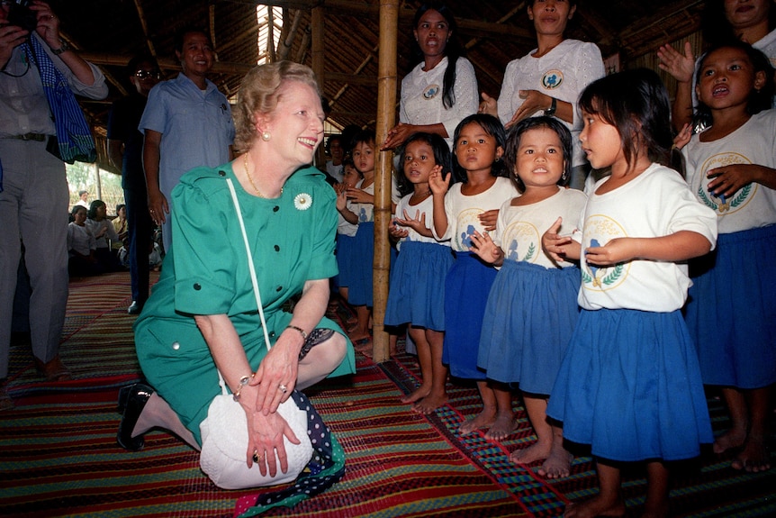 Margaret Thatcher at a refugee camp near the Thai-Cambodian border.