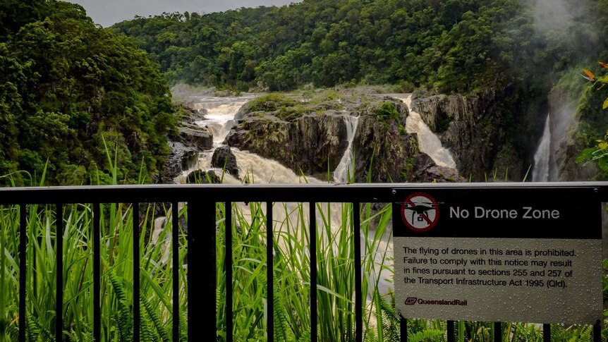 No Drone Zone sign at the Kuranda Scenic Railway's Barron Falls station