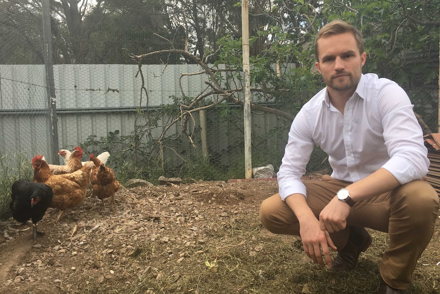 RSPCA senior policy officer Jed Goodfellow crouches in a backyard chicken coup while five hens are grouped behind him.