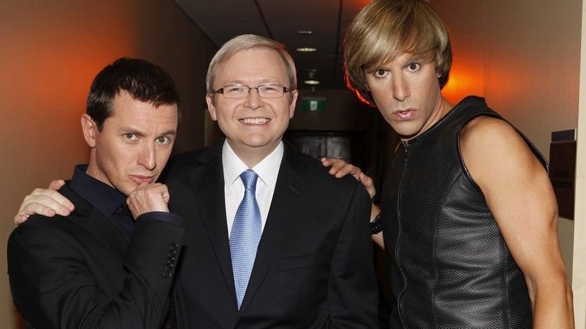 (LtoR) Rove McManus, Prime Minister Kevin Rudd and Sacha Baron Cohen (in character as Bruno)