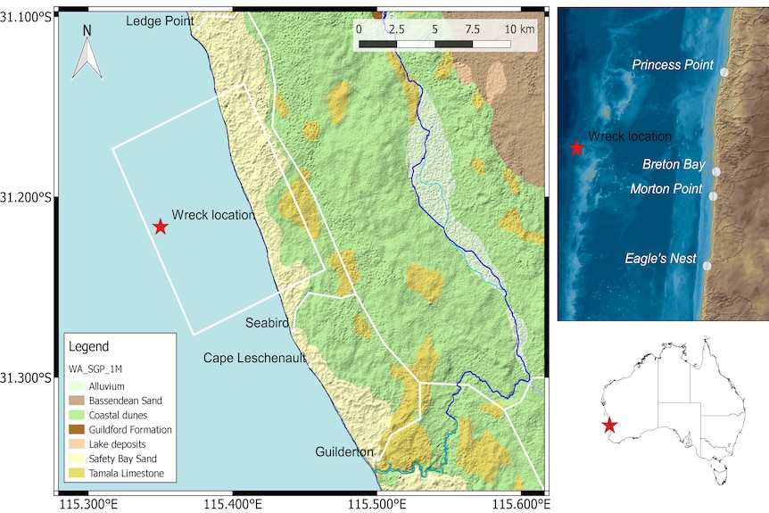 A map of the WA coast marked to show significant sites in the efforts to solve a shipwreck mystery.