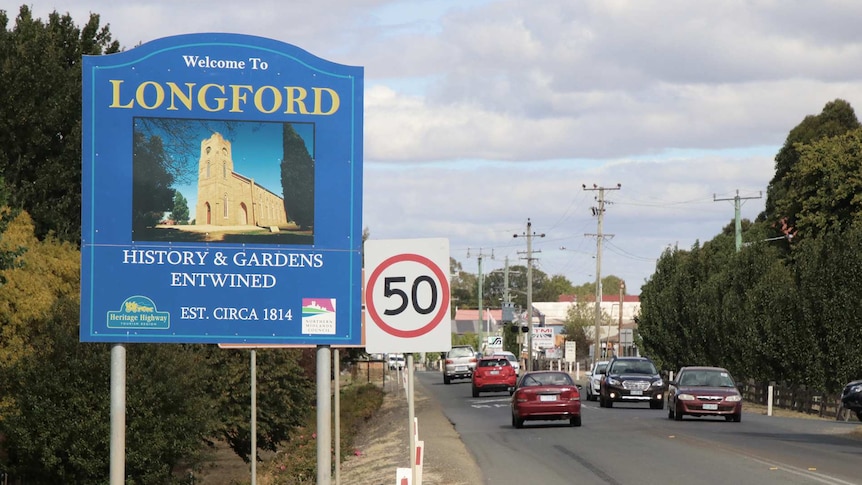 'Welcome To Longford' sign on outskirts of Tasmanian town.