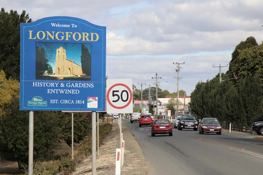 'Welcome To Longford' sign on outskirts of Tasmanian town.