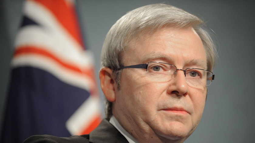 Kevin Rudd during a press conference in Canberra