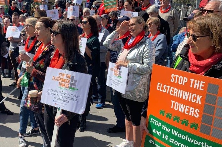 A large group of people protesting against the Elsternwick Towers development.