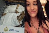 A composite image of a suitcase full of drugs, and a woman looking at the camera.