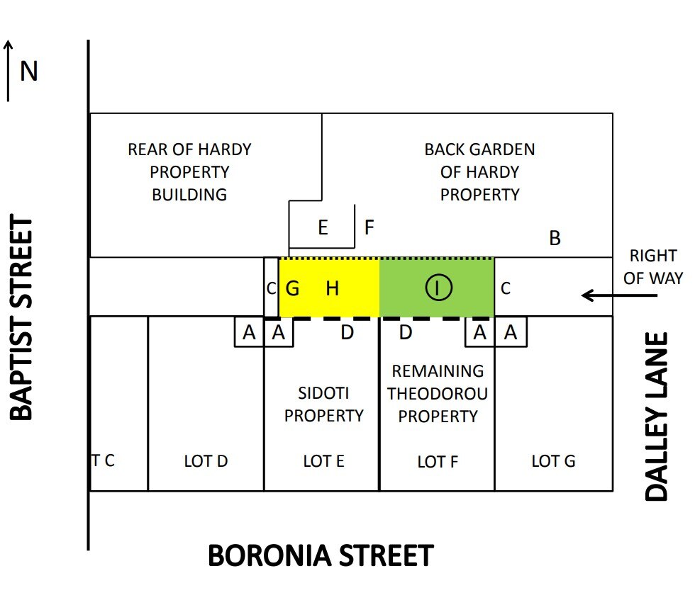 a floor plan drawing showing a disputed parcel of alley way under dispute