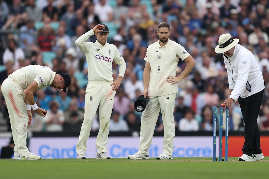 England players look towards an umpire