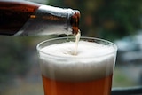 Beer from a bottle is poured into a glass.