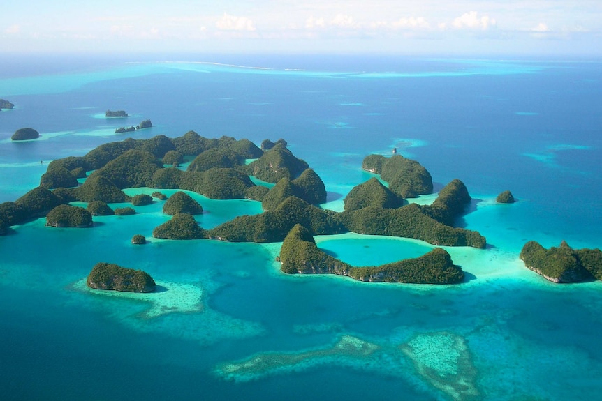 A birds eye view of green islands in a blue ocean.