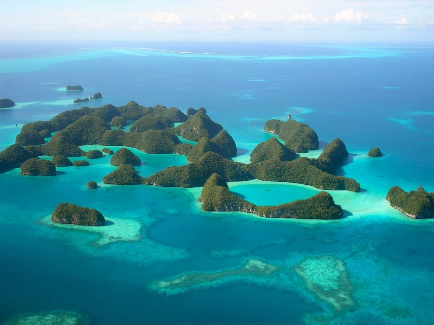 A chain of verdant islands sit in a bright blue and green sea, as seen in an aerial picture.