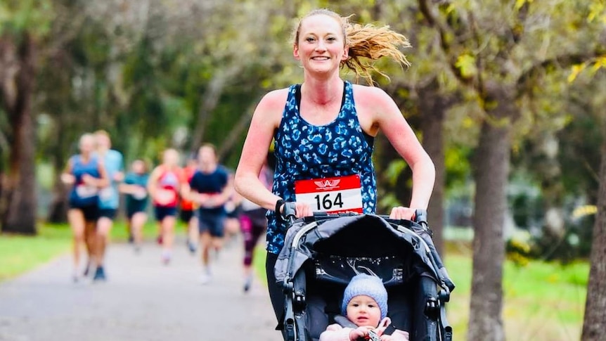 Adelaide endurance runner Lauren Rooke during an event pushing a pram.