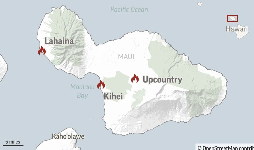 Illustrated map of Maui shows where fire has caused damage on island.