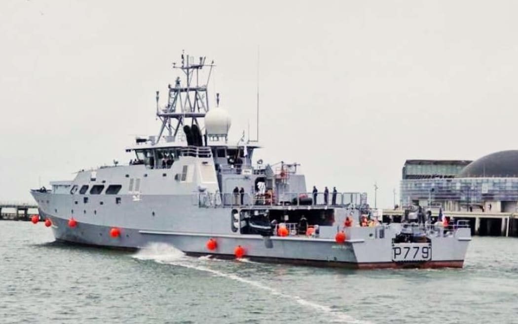 Nouméa-based French Navy Overseas patrol vessel floats in the sea. 