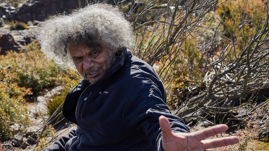 An Indigenous man points in the bush