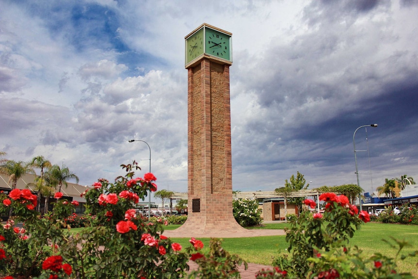 [the renmark town clock against a cloudy sky]