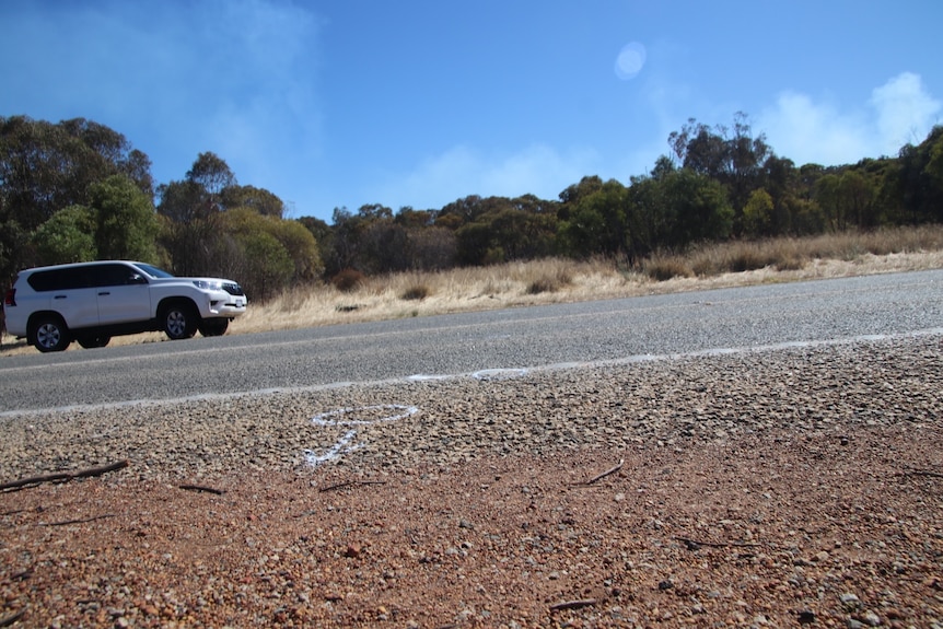 Chalk marks on the side of a country highway with a white 4WD on the opposite side of the road.