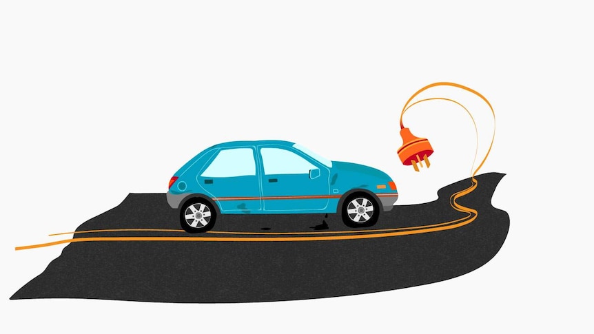 Illustration showing a car and a road with an electric cord embedded in it.