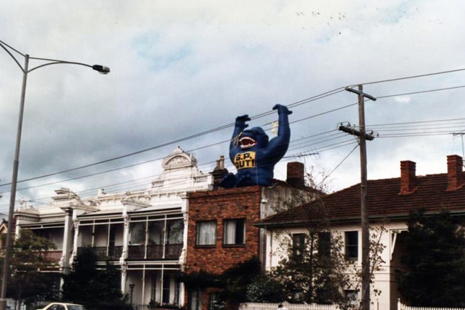 An inflated gorilla erected in Albert Park to protest the Grand Prix.