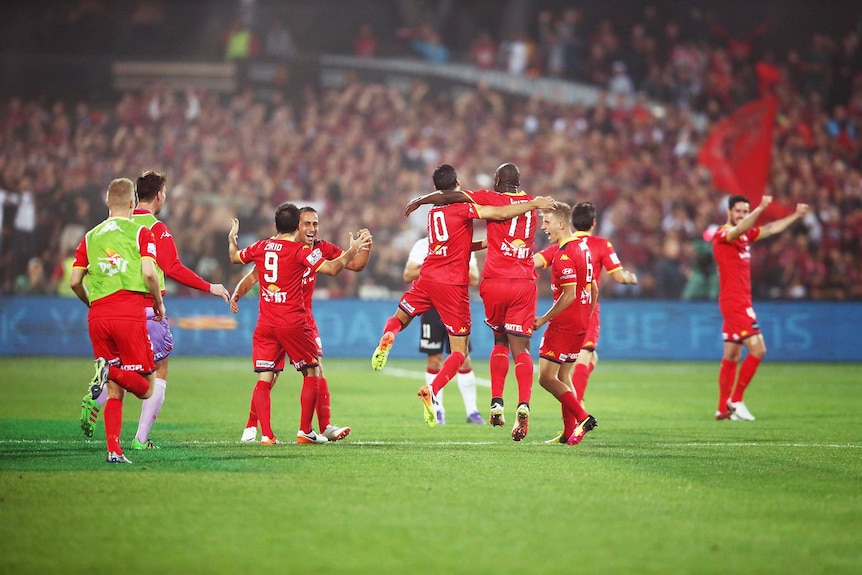 Adelaide players  celebrate after beating Western Sydney Wanderers in the A-League Grand Final.