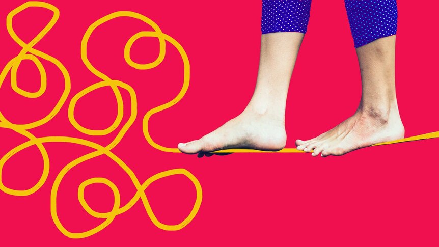 The feet of a tightrope walker balance on an illustrated yellow line for a story on the problem with perfectionism.