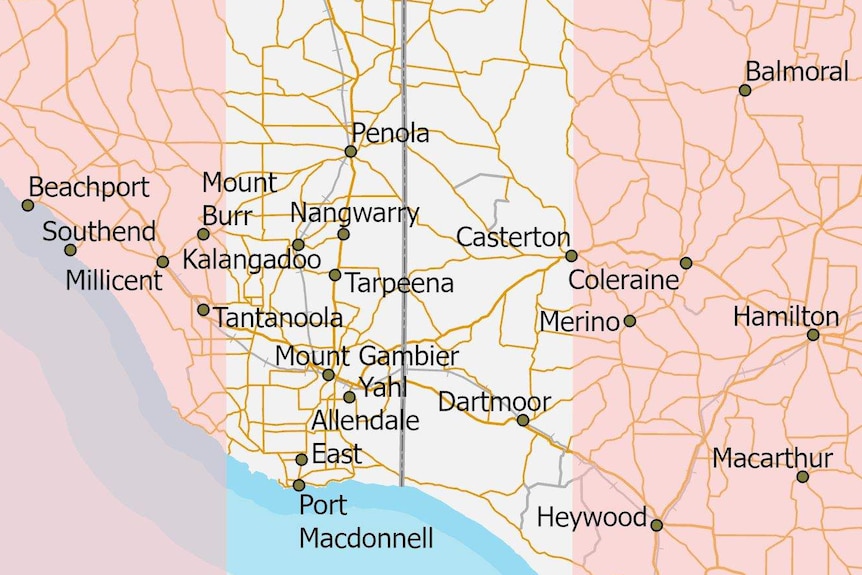 A map of the South East SA and South West Victoria highlights a 40 kilometre corridor on either side of the state border