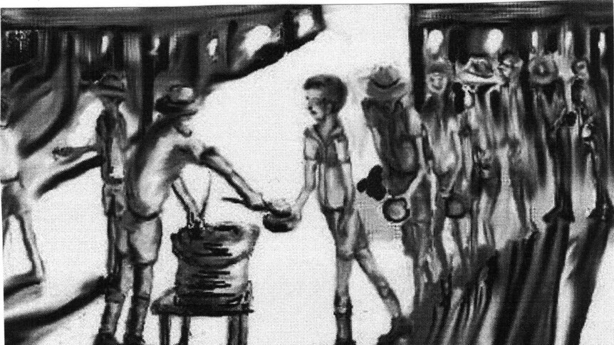 Black and white painting of a prisoner collecting his luchtime rice ration.