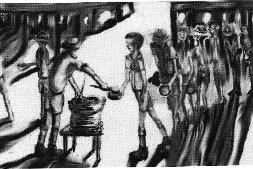 Black and white painting of a prisoner collecting his luchtime rice ration.