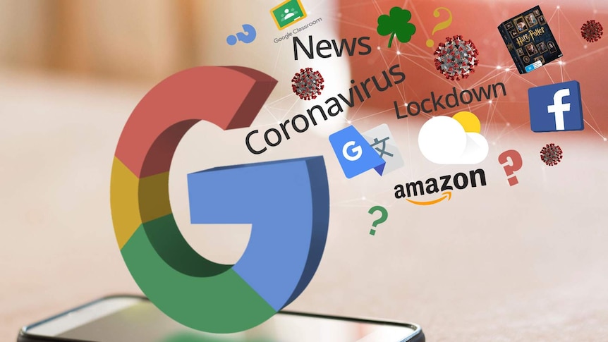 A graphic shows a smartphone on a wooden table with the Google logo spurting logos and words from it.