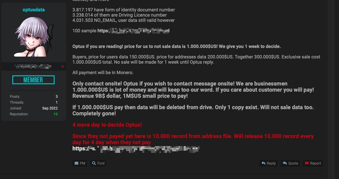 A screenshot of a post on a forum from an account claiming to have the data accessed in the Optus cyber attack,